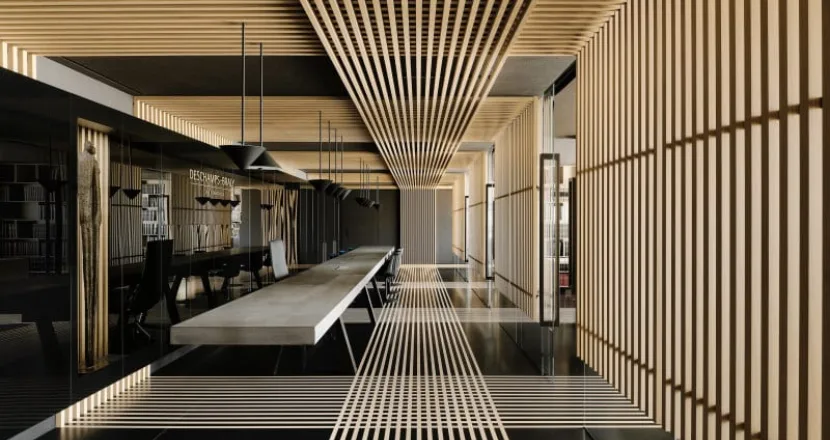 Hallway of the Deschamps-Braly Clinic with wood lamella design, microneedling